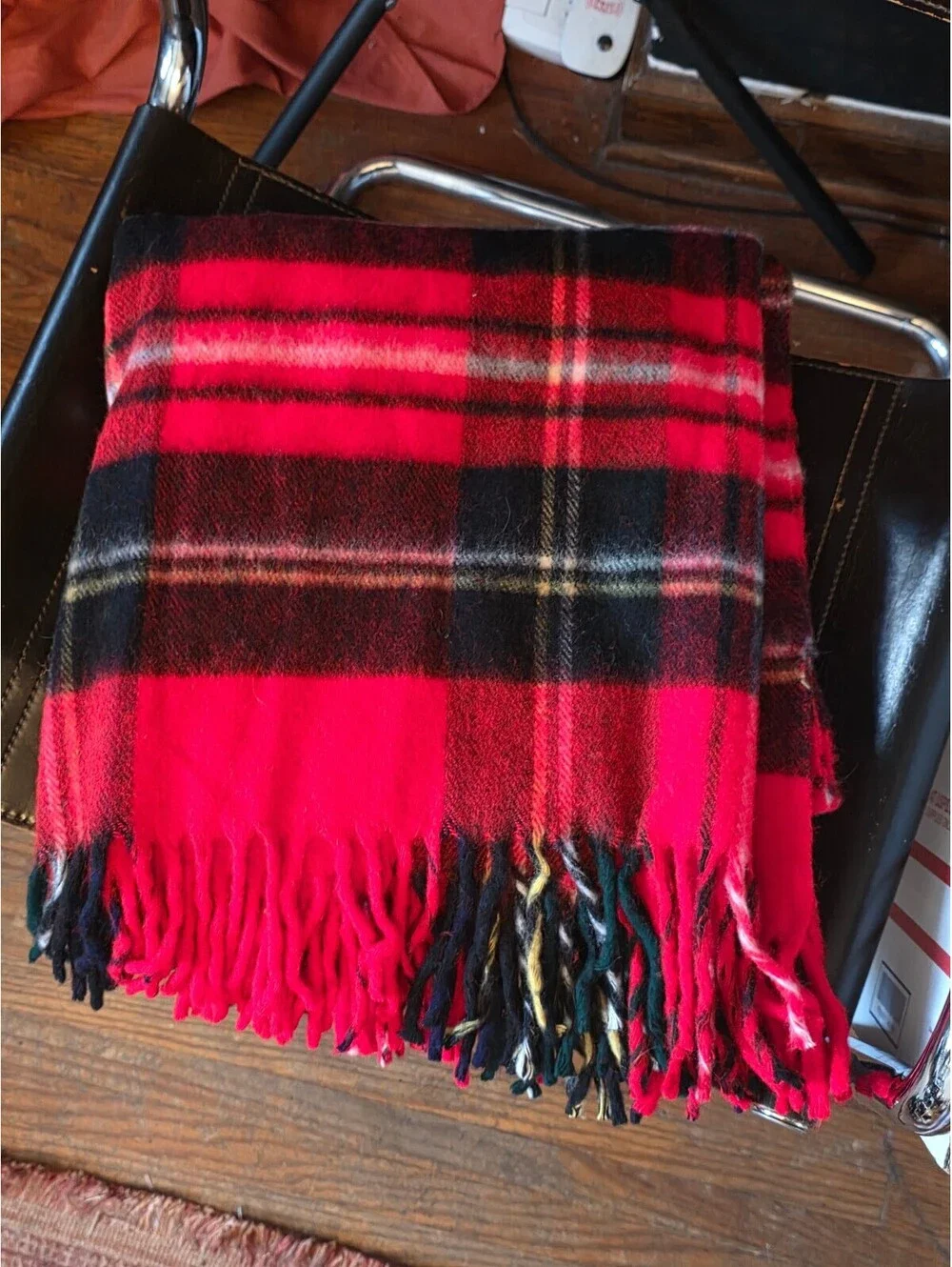 Vintage 1970's Troy Robe Red Black Plaid Wool Blend Fringe Throw Blanket 54x54
